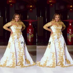 Plus Size Evening Formal Gowns With Long Sleeve 2023 Sheer Neck Gold Shiny Lace Applique Dubai Arabic African Prom Dresses 277I