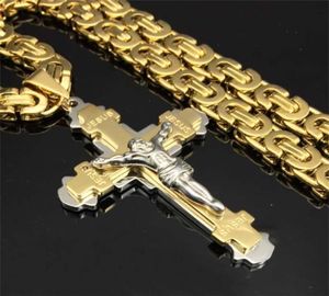 Ciężki krucyfiks Jezus Naszyjnik ze stali nierdzewnej Chrystusa wisiorka Złoty łańcuch bizantyjski mężczyźni naszyjniki biżuterii Prezenty 24 