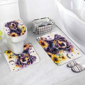 Badmatten Lustige Hundematte Set Aquarell tiertier Haustier Schmetterling Sonnenblumen Blumen Haus Fußmatt Teppich Badezimmer Dekor Teppich Toilettenabdeckung