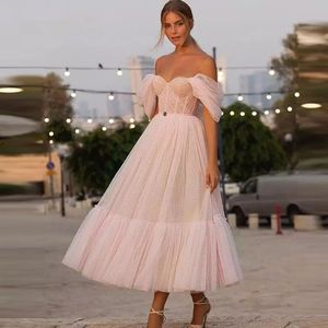 Short Wedding Dresses Tea Length Pink Off the Shoulder Sweetheart Dot Tulle Elegant Wedding Bride Gown For Party Reception 261K