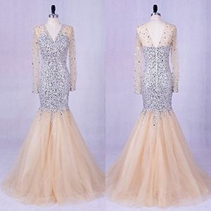 Champagne V Neck Backless Pageant Evening Dresses Mermaid Long Sleeve Illusion Crystal Rhinestones Bodice Long Cheap Prom Formal Dress 268h