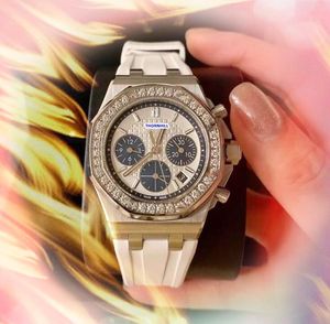 Popular Women Diamonds Ring Watches Day Date Time Clock Quartz Battery Core Chronograph Black White Blue Rubber Strap Chain Bracelet Three Eyes Designer Watch Gifts