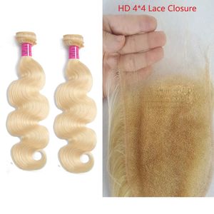 2 pacotes com HD 4*4 Fechamento de renda Extensões de cabelo humano peruano 613# Blonde Color Straight Body Wave Free Parte 10-30 polegadas