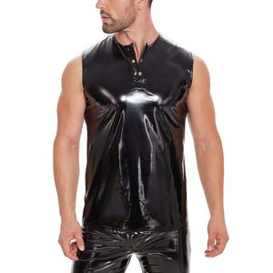 Mens Sexy Wetlook Tank Tops Sleeveless Glossy PVC Leather Button Stand Collar Vest Plus Size V-neck Shaping Slim Fit Tee Catsuit Costumes