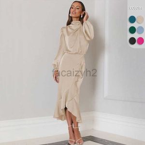 Casual Dresses Designer Dress New satin dress with elegant temperament half neck evening dress, long sleeved waisted fish tail lotus leaf skirt Plus size Dresses