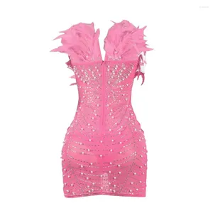Casual Dresses Bodycon Feather Dress Elegant Lace Prom Set med Rhinestone Pearl Decor Off Shoulder Mini för kväll