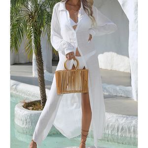 Солнцезащитные кремы белые длинные рубашки для бикини, укрытие женщин летнее рукав на пляжный платье на пляже, платье для купальника длинные топы 240423