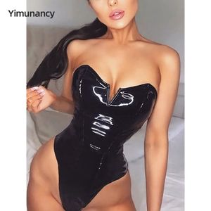 Yimunancy PU Leather Sexy Bodysuit Women Strapless V Shape Bodycon Ladies Skinny Black Clubwear 240423