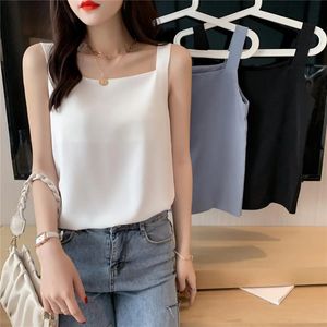 SXL Women Square Collar Solid Chiffon Camis Tops weibliche ärmellose Camisoles Sommer Lose schwarze und weiße Tees Tanks 240506