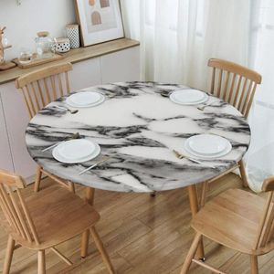 Table Cloth Round Fitted White Black Marble Oilproof Tablecloth 45"-50" Cover Backed With Elastic Edge