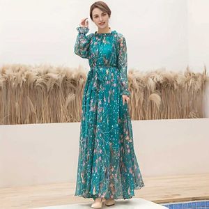 Ethnic Clothing 2024 Boho Floral Print Party Dress Women Vestidos Elegant Fashion Loose Chiffon Long Slve Muslim Abaya Islamic Clothing Robes T240510