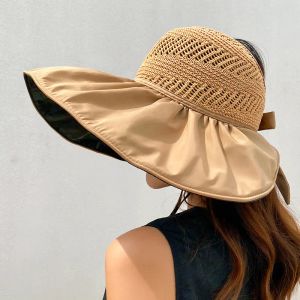 Summer Women Bucket Hat Ochrona UV Big Wide Brim Beach Sun Hats puste czapki kucyka czapki łuki damskie dziewczyny panama czapki