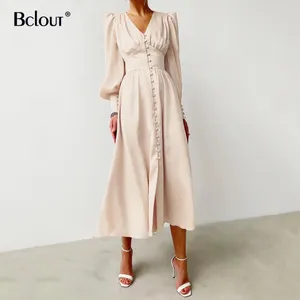 Casual Dresses Bclout Elegant Satin Single-Breasted Shirt Dress Fashion Beige Slim V Neck Long Woman Latern Sleeve Autumn Winter Robe