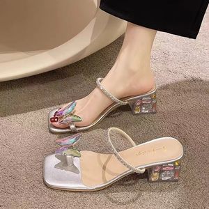 Cool Slippers For Women's Summer Outerwear, 2024 New Fashion And Temperament, Small Fragrant Style, With A Single Line Heel And Crystal Butterfly Slippers
