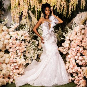 2024 Plus -storlek Mermaid Wedding Dress Brudklänningar för brud Illusion ren nackpärlor Pärlor Bröllopsklänningar Rhinestones spets brudklänning för afrikanskt äktenskap D247
