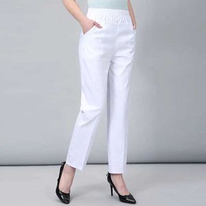 Women's Pants Capris Middle aged and elderly womens spring white pants thin elastic waist straight pants mothers ankle length TrousersL2405