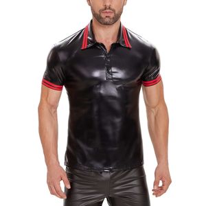 Sexy Mens Shiny Patent Leather Polo Shirt Short Sleeve Soft Elastic Tops Button Male Turn-down Collar Casual Streetwear T-shirt Catsuit Costumes