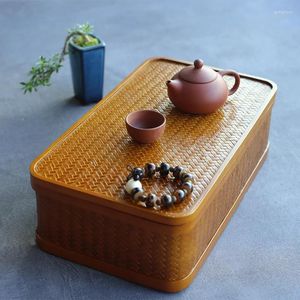 Tea Trays Box Bamboo Woven Set Storage Organizer Folk Craft Retro Lacquer Jewelry Cup Pot Dust-proof Basket