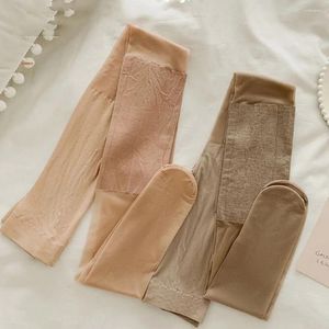 Women Socks Vintage Simple Silk Anti-hook Nylon Splicing Knee Protector Ultra-thin Pantyhose Female Stockings Woven Pad Tights