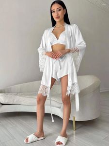 Hemkläder Hiloc Elegant White Satin Belt Robe Pyjamas 3 Pieces Set Summer Solid Sexy Bra Sleepwear 2024 Lace-Up Shorts Suit Night