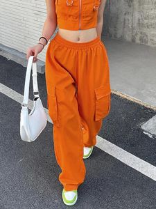Kadın pantolonları kadın turuncu düşük bel kargo kot pantolon harajuku vintage yükseliş mavili hip hop joggers geniş bacak punk eşofman