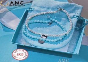 AMC 925 sterling silver pearl bracelet ladies jewelry bracelet holiday gift silver knot color round bead bracelet combination6036197