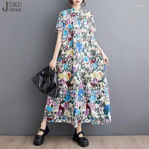 Платья для вечеринок свободно посадка с короткими рукавами многоцветная печать в корейском стиле летняя женщина длинные платья для девушек уникальные повседневные ношения большие халаты jjxd742