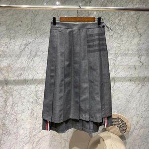 Skirts Fashion Brand Classic Striped Design Wool Woven Long Skirt Women Preppy Style Vintage Dark Gray Four-bars Pleated