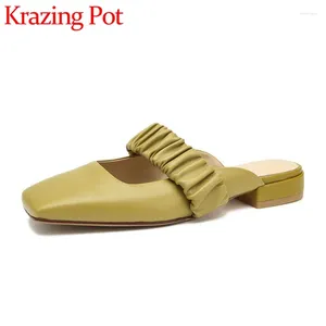 Slippers Krazing Pot Couro genuíno macio e confortável mulas plissados de rua coreana Lady fora da moda MULHER MULHERES L29