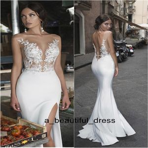 Vestidos de noiva sexy laterais de noiva Apliques de renda da praia Vestido de noiva da praia de praia cetim Casamento boêmio vestido formal bainha Dres de casamento 274U