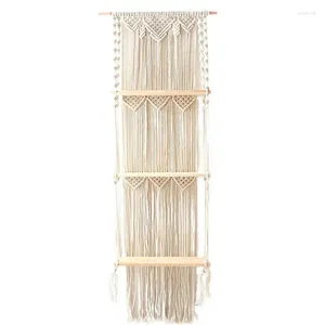 Borse da stoccaggio boho macrame murale scaffale sospeso a 3 livelli a mano in legno in legno.