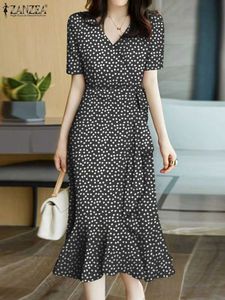 Grundläggande casual klänningar Zanzea Summer Floral Print Vestido Womens Mermaid Long Dress Casual Short Sleeved V-Neck Parted Party Weight Loss Bag Midi Dressl2405