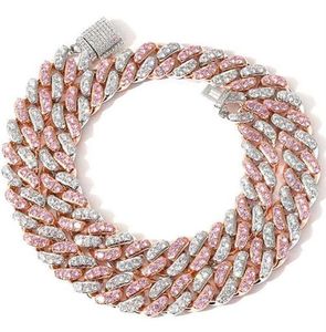 12mm Iced Pink Cuban Choker Halsband Silver Rose Gold Cuban Link med White Pink Diamonds Cubic Zirconia Jewelry 7Inch24Inch28058756355