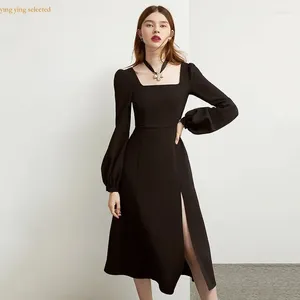 Casual Dresses Y-Y Women's Fashion Dress Square Collar Long Sleeve Split Solid Color Female Elegant Evening for Summer Women