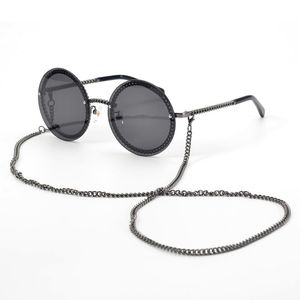 Solglasögon Kvinnor Round Designer Chain Designed Rames With Rimless Lens UV400 Female Shades Lunettes 258p