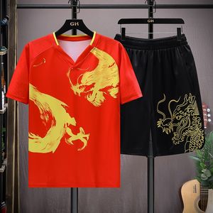 Mens Dragon tryckta spårsättningar sätter sommar trendiga skjorta och shorts två stycken cool snabb torr korta ärmbyxor set sportkläder för män och kvinnor asiatisk stil