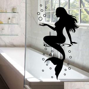 Väggklistermärken svart vit sjöjungfru bubblor för badrum glas dörr dekorativa toalettdekaler med självhäftande vinyldroppleverans ho dhjwr