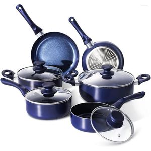 Dounders de utensílios de cozinha e panelas definem alumínio antiaderente de revestimento de cerâmica Fry Pan Stockpot com tampa azul 10 peças