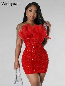 Urban Sexy Dresses Year Glitter BodyCon Backless Short Birthday Party Club Outfits For Women Sparkly Red Sequin Mini Dress with Feathers Luxury T240510