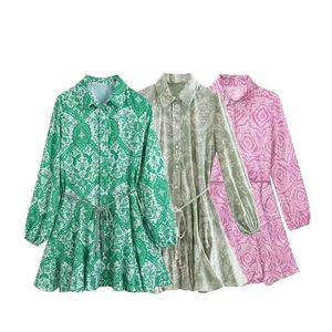 Basic Casual Dresses Mini shirt dress retro fashionable lantern long sleeved single chest printed large hem pleated lace dressL2405