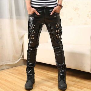 Men's Pants Mens Pu patch work leather pants casual punk motorcycle leather Trousers fashion button splicing leather pantsL2405