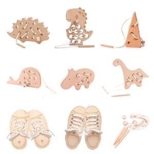 Baby Wooden Montessori Toys Animal Hedgehog Threading Board Kids Beech Educational Toy Button Bead Blocks Puzzle 240509