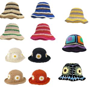 Capéu de balde de flor de crochê para mulher respirável tecelagem multicolorida larga balde chapéu adultos adultos Four Seasons Fisherman Cap 240507