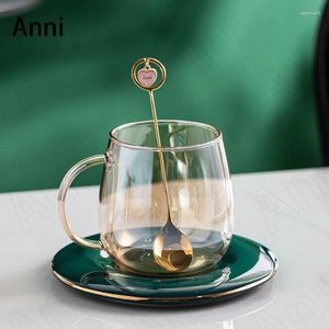 Kupalar Yaratıcılık Amber Cam Bardaklar İskandinav Modern Altın İnme Süt Kupası Sehpa İkters Çay Sofra Takım Kaşık