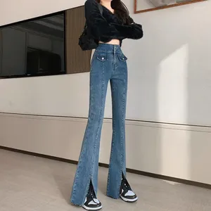 Jeans da donna primaverile Donne ad alta vita a fessura a fessura tasca con taglio di stivale solido pantaloni sexy skinny sexy 2024