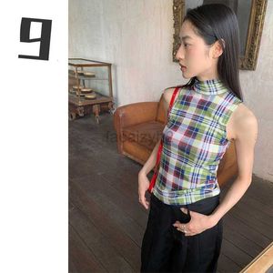 Women's T Shirt sexy Tees Hot Spicy Half High Neck Sleeveless Top Women's 2024 Spring/Summer Color Block Checkered Slim Fit Tank Top Plus Size tops