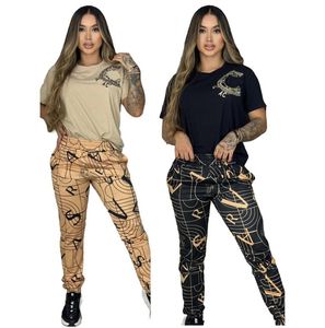 New Women's Golden Pattern Tracksuits casual short sleeved T-shirt top and pants 2-piece set Sportswear