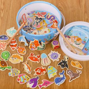 Wooden Magnetic Fishing Toys for Baby Cartoon Marine Life Cognition Fish Games Education Parent-Child Interactive 240510