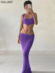 Purple Sticked 2 Piece Set Summer Outfits For Women Sexig virkning Semesterstrand ihålig lång kjol och beskuren 240429