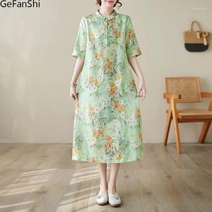 Party Dresses Summer Vintage PrInt Short Sleeve Cotton Linen Beach Brief Women Fashion Loose Casual Dress Robe Ladies Elegant Clothing